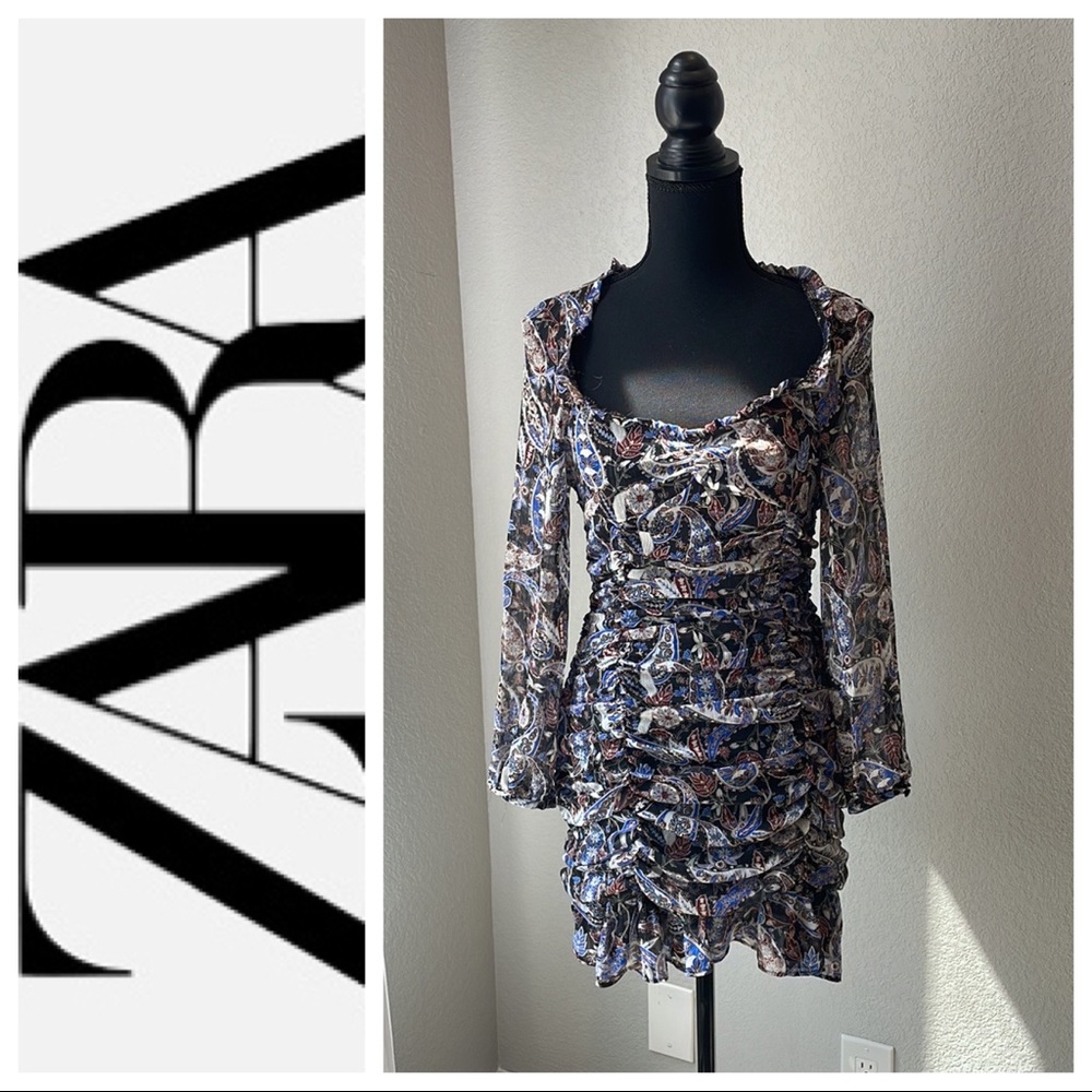 🆕 Zara ruched boho paisley dress with ruffle bottom Sz XSmall C3